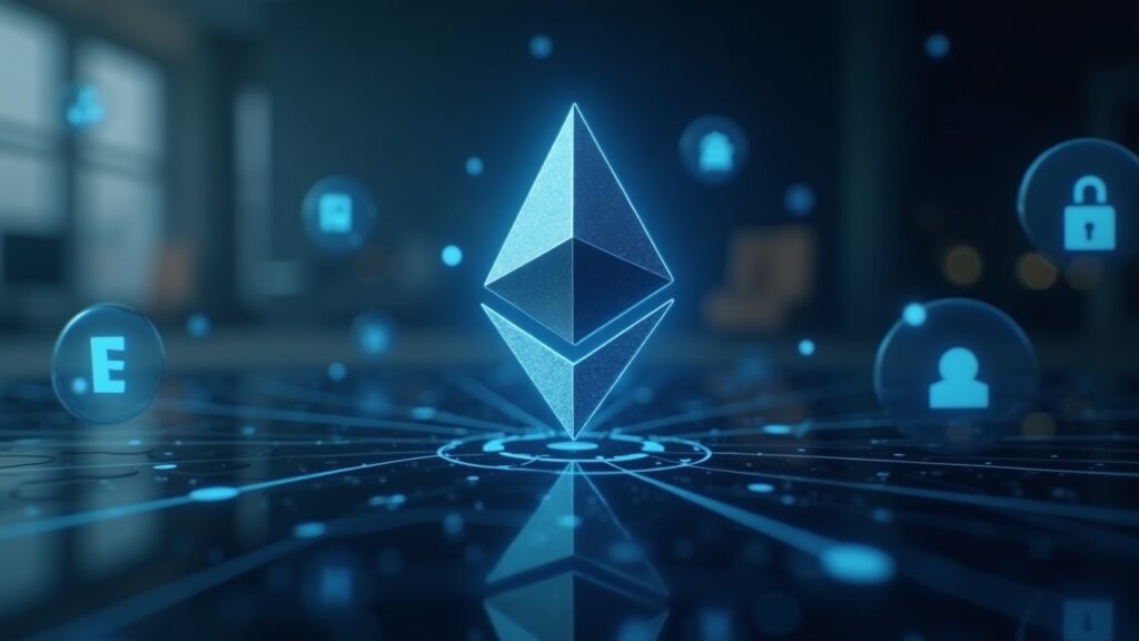 Encabezado fotorrealista: logotipo central de Ethereum con iconos de dominios ENS sobre cristal, señalando la seguridad de la mainnet L1.
