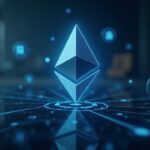 Encabezado fotorrealista: logotipo central de Ethereum con iconos de dominios ENS sobre cristal, señalando la seguridad de la mainnet L1.