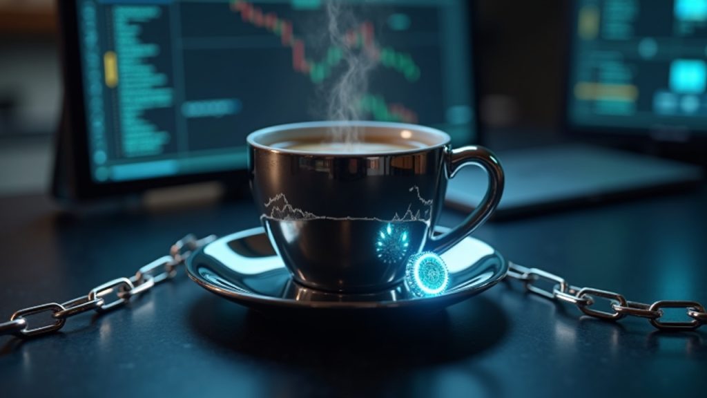 Primer plano fotorrealista de una taza de espresso plateada en una sala de control de alta tecnología, con eslabones de cadena holográficos y un token ESP resplandeciente.