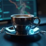 Primer plano fotorrealista de una taza de espresso plateada en una sala de control de alta tecnología, con eslabones de cadena holográficos y un token ESP resplandeciente.