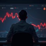 Operador fotorealista en un escritorio observando cómo ETH cae por debajo de $2K, con el logo de ETH y un gráfico rojo descendente que indica ventas de ballenas