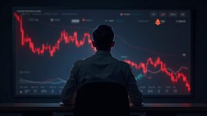 Operador fotorealista en un escritorio observando cómo ETH cae por debajo de $2K, con el logo de ETH y un gráfico rojo descendente que indica ventas de ballenas