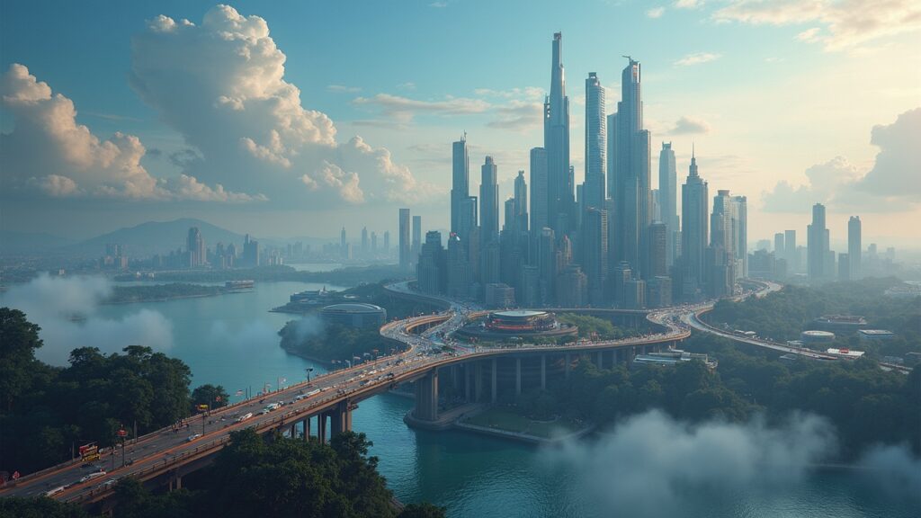 Paisaje urbano futurista que muestra rollups de Ethereum interconectados, puentes seguros y gobernanza descentralizada.