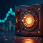 Bóveda criptográfica fotorrealista desbloqueando suiUSDe con la marca SUI y Ethena, curva de rendimiento ascendente, skyline de código