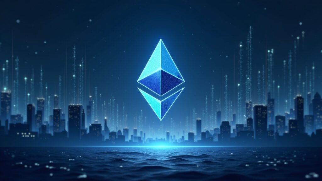 Logotipo fotorealista de Ethereum centrado en un horizonte de mercado digital con siluetas de ballenas y una línea de precio cerca de $2,000.