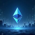 Logotipo fotorealista de Ethereum centrado en un horizonte de mercado digital con siluetas de ballenas y una línea de precio cerca de $2,000.
