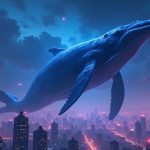 Escena fotorrealista de una imponente ballena cripto sobre una ciudad DeFi neón, símbolos de ETH en ascenso mientras los gráficos de TVL se desploman.