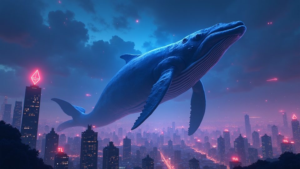 Escena fotorrealista de una imponente ballena cripto sobre una ciudad DeFi neón, símbolos de ETH en ascenso mientras los gráficos de TVL se desploman.