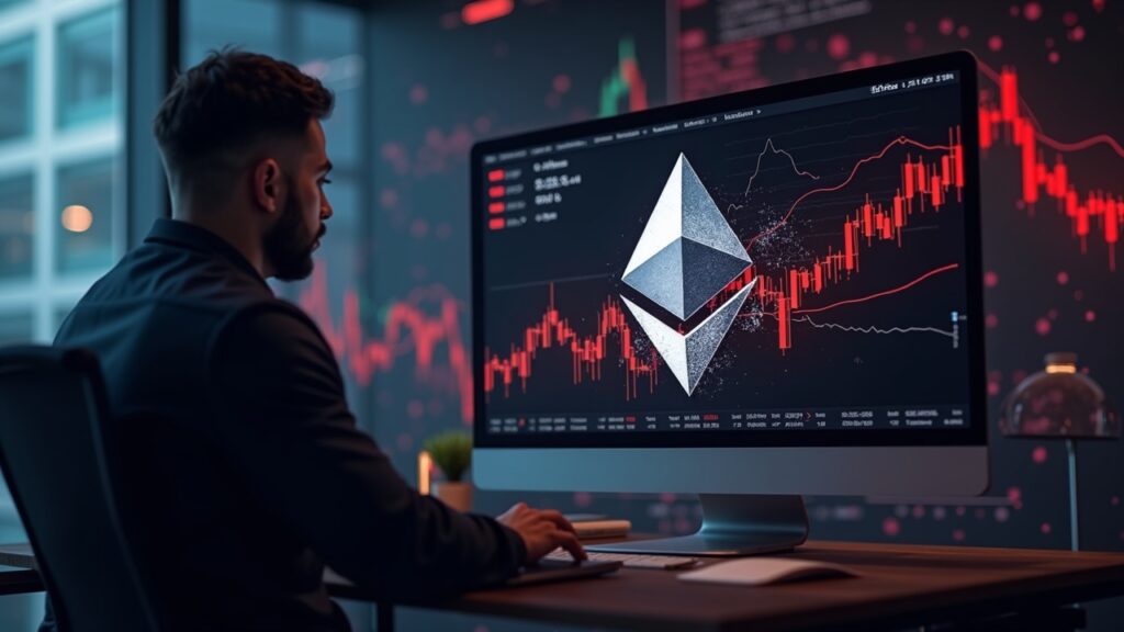 Comerciante fotorrealista en una elegante sala de redacción, logotipo de Ethereum destrozado sobre gráficos de precios rojos que indican un drenaje de liquidez.