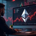 Comerciante fotorrealista en una elegante sala de redacción, logotipo de Ethereum destrozado sobre gráficos de precios rojos que indican un drenaje de liquidez.