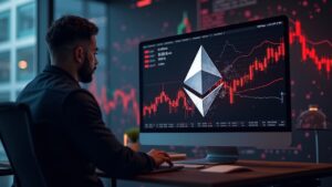 Comerciante fotorrealista en una elegante sala de redacción, logotipo de Ethereum destrozado sobre gráficos de precios rojos que indican un drenaje de liquidez.