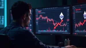 Operador fotorrealista analiza la caída del precio de Ethereum en múltiples pantallas, con el logotipo y flechas rojas hacia 1000