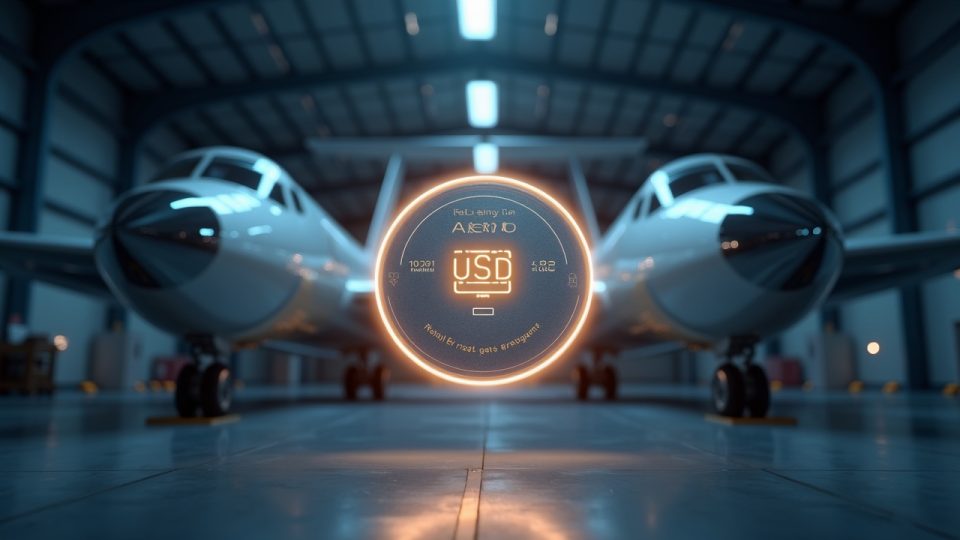 Escena fotorrealista de un hangar con dos motores a reacción arrendados, un holograma luminoso de Eurus Aero Token I y una etiqueta de precio en USD