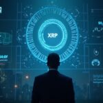 Ejecutivo frente a un libro mayor holográfico de XRP con conteos de tokens y un gráfico de precios, torre del Nasdaq en suaves luces de la sala de redacción.