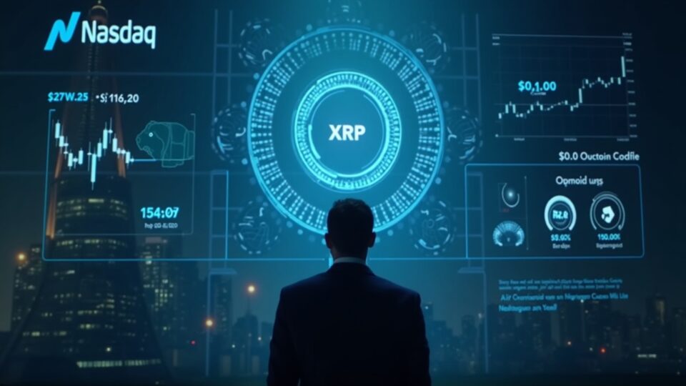 Ejecutivo frente a un libro mayor holográfico de XRP con conteos de tokens y un gráfico de precios, torre del Nasdaq en suaves luces de la sala de redacción.