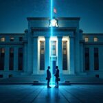 Edificio fotorrealista de la Fed con rieles cripto luminosos, dividido por una barrera de vidrio entre bancos y empresas cripto.