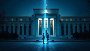 Edificio fotorrealista de la Fed con rieles cripto luminosos, dividido por una barrera de vidrio entre bancos y empresas cripto.