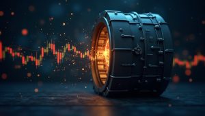 Bóveda fotorrealista que se transforma en una mesa de trading cripto, con un riel de dólares brillante 24/7 entre fiat y cripto.