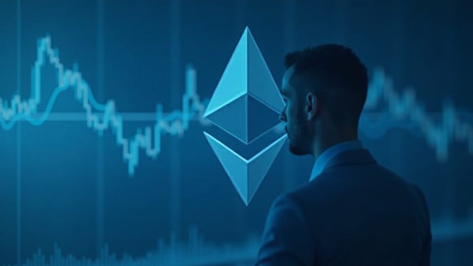 Ejecutivo financiero fotorrealista centrado con el logotipo de Ethereum y un gráfico de tendencia bajista reflejado en vidrio.