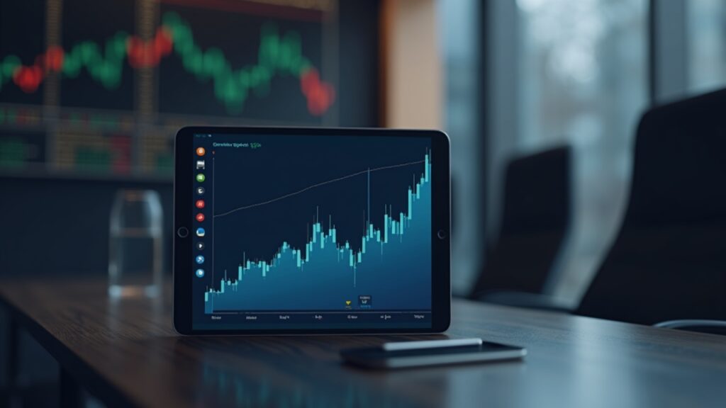 Escena fotorrealista de una sala de juntas con el logotipo de Galaxy Digital en una tablet que muestra un gráfico de acciones frente a un sutil fondo de criptomonedas.