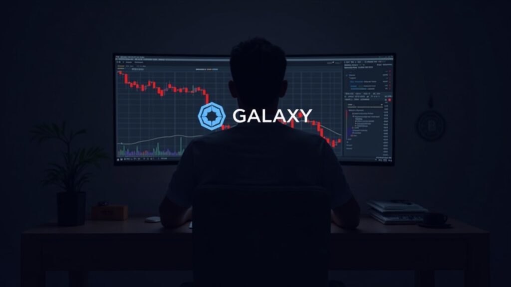 Toma central fotorrealista de un analista financiero en un escritorio, logo de Galaxy Digital en un monitor, gráficos de criptomonedas rojos.