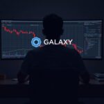 Toma central fotorrealista de un analista financiero en un escritorio, logo de Galaxy Digital en un monitor, gráficos de criptomonedas rojos.