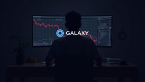 Toma central fotorrealista de un analista financiero en un escritorio, logo de Galaxy Digital en un monitor, gráficos de criptomonedas rojos.