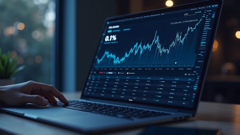 Mesa de trading cripto fotorrealista con Gate.io mostrando un informe de transparencia y una tarifa del 0.1%.