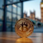 Escena fotorealista de sala de prensa con un token digital GBPA de libra esterlina, insignia de la FCA del Reino Unido, cámaras acorazadas seguras y un horizonte regulatorio.