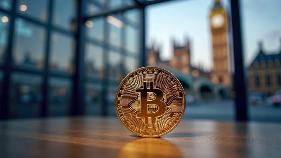 Escena fotorealista de sala de prensa con un token digital GBPA de libra esterlina, insignia de la FCA del Reino Unido, cámaras acorazadas seguras y un horizonte regulatorio.