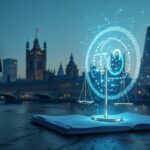 Ejecutivo cripto fotorrealista frente al horizonte de Londres con el logo de Gemini desvaneciéndose, papeles regulatorios y balanzas inclinadas.