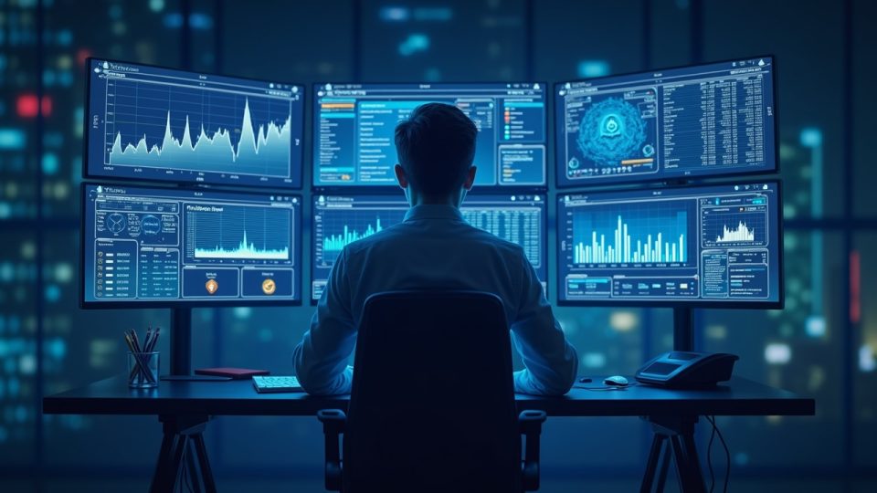 Operador de la Generación Z en un elegante escritorio cripto con paneles holográficos de derivados y motivos de blockchain en neón