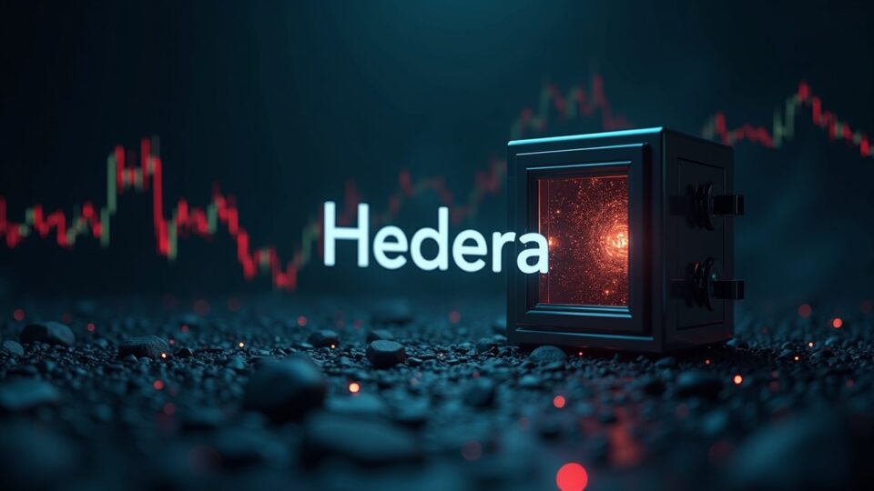 Logotipo fotorrealista de Hedera en medio de una piscina de liquidez decreciente, entradas de ETF vacías como bóvedas y un gráfico de precios bajista.