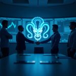 Escena en la sala de juntas: logotipo de Kraken, la directora financiera saliente entregando al subdirector, gráficos y presentaciones ante la SEC en pantallas bajo iluminación azul de la OPI.