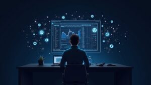 Trader fotorrealista en un escritorio elegante con una gran pantalla que muestra el ticker KRYP y 20 logotipos de criptomonedas orbitando.