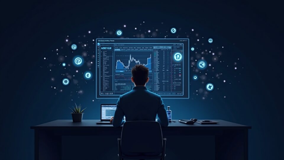 Trader fotorrealista en un escritorio elegante con una gran pantalla que muestra el ticker KRYP y 20 logotipos de criptomonedas orbitando.
