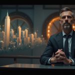 Imagen fotorrealista de un CEO cripto confiado en un escritorio, con monedas estables holográficas fluyendo hacia una ciudad blockchain luminosa.