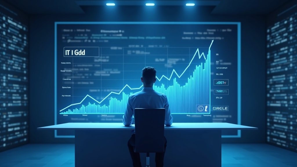 Encabezado de noticias cripto fotorrealista: analista en el escritorio, gráficos holográficos del aumento de LIT, flujos de USDC, marca Circle.