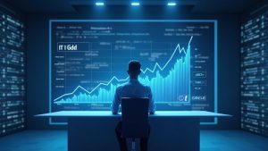Encabezado de noticias cripto fotorrealista: analista en el escritorio, gráficos holográficos del aumento de LIT, flujos de USDC, marca Circle.