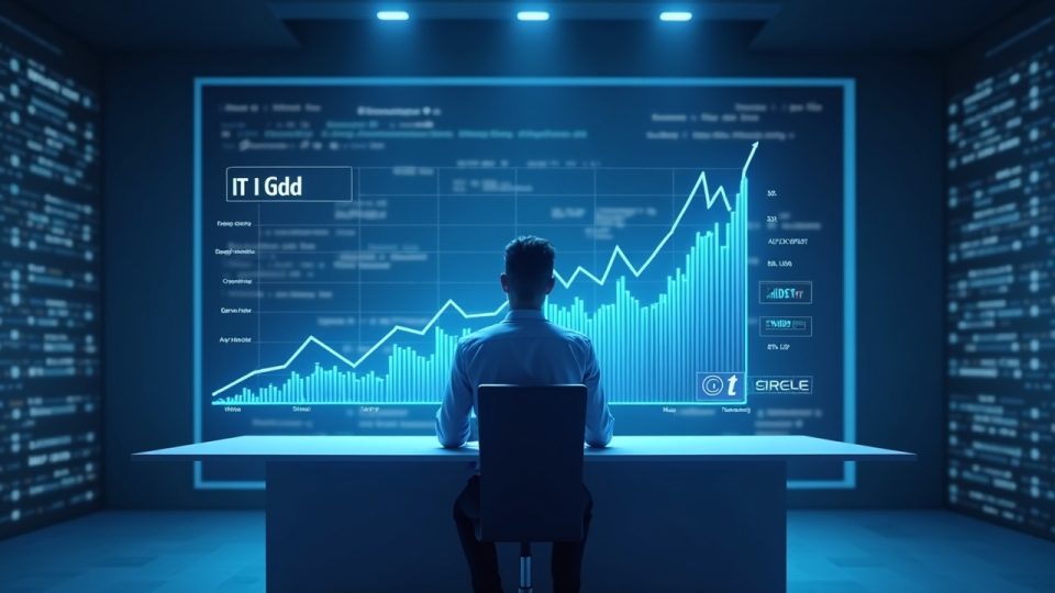 Encabezado de noticias cripto fotorrealista: analista en el escritorio, gráficos holográficos del aumento de LIT, flujos de USDC, marca Circle.