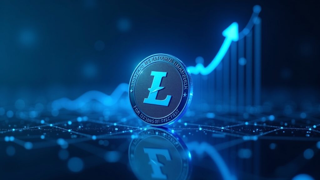 Logotipo de Litecoin en el centro de un hub fintech neón con líneas de red brillantes y un gráfico de precios ascendente iluminado en azul