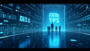 Encabezado fotorrealista que muestra el lanzamiento de la mainnet de MegaETH, 100k TPS, flujos de datos y una cámara de vidrio con operadores.