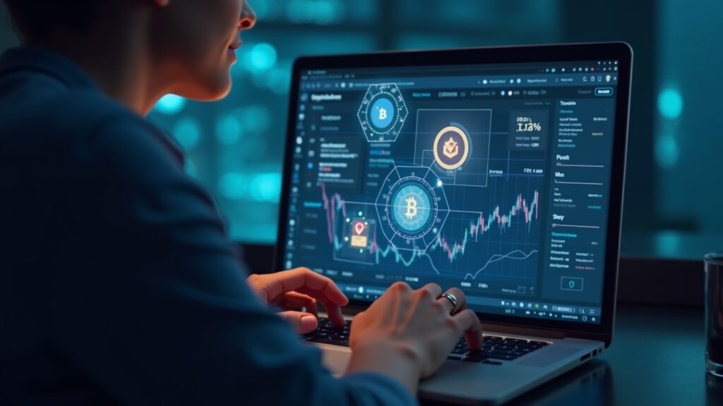 Persona realista usando una computadora portátil con una billetera cripto, con acciones tokenizadas holográficas flotando sobre la pantalla y la interfaz de MetaMask visible.