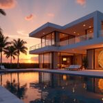 Vista fotorrealista al atardecer de una mansión en Miami con un emblema de Bitcoin en la fachada, simbolizando la reubicación impulsada por criptomonedas.
