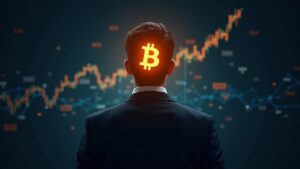 Ejecutivo de negocios frente a un símbolo de Bitcoin brillante con gráficos en alza y una superposición de red descentralizada.