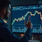 Un profesional financiero revisa un gráfico del precio de Bitcoin en una pantalla grande con una sutil marca de MicroStrategy en una sala de redacción moderna.