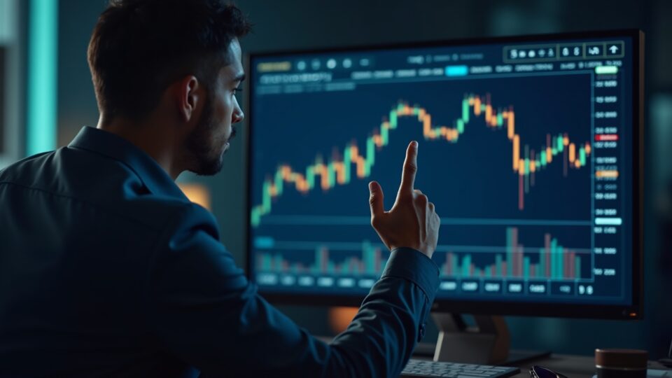 Un profesional financiero revisa un gráfico del precio de Bitcoin en una pantalla grande con una sutil marca de MicroStrategy en una sala de redacción moderna.