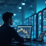Escena fotorrealista de mineros de Bitcoin estudiando gráficos complejos junto a rigs de minería fríos, en medio de tensión de mercado