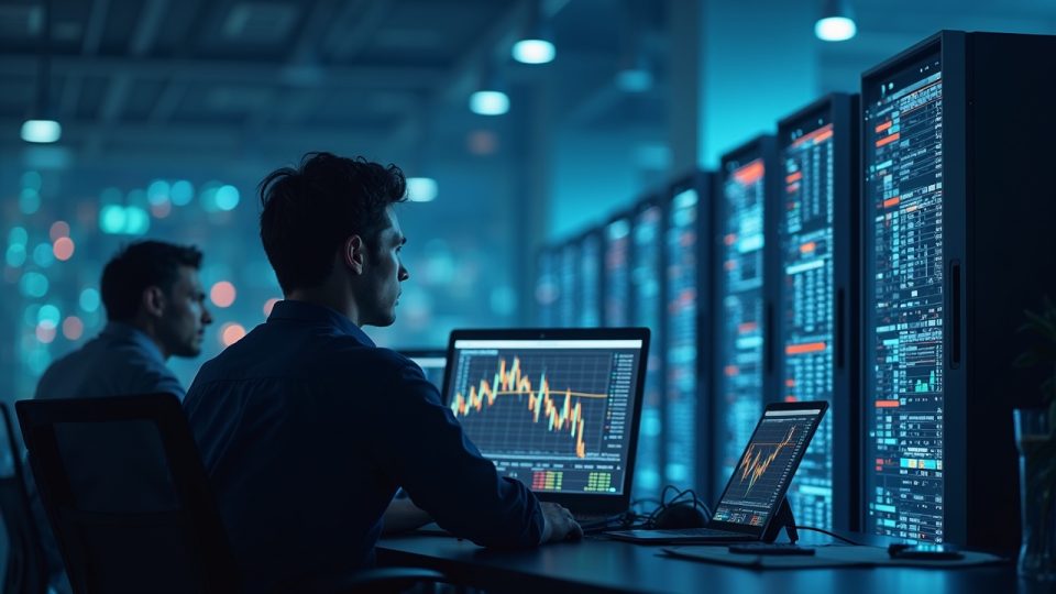 Escena fotorrealista de mineros de Bitcoin estudiando gráficos complejos junto a rigs de minería fríos, en medio de tensión de mercado