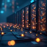 Equipos de minería de bitcoin realistas conectados por líneas luminosas que ilustran la red de código abierto de MiningOS en un sitio de energías renovables.